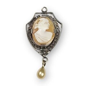 Antique Sterling Cameo Pendant Art Deco Filigree Carved Shell Pearl 925 Silver